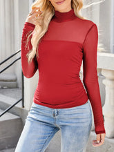Red Mesh Long Sleeve Turtleneck Top for Women