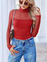 Red Mesh Long Sleeve Turtleneck Top for Women