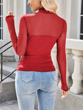 Red Mesh Long Sleeve Turtleneck Top for Women