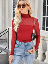 Red Mesh Long Sleeve Turtleneck Top for Women Woman T Shirts