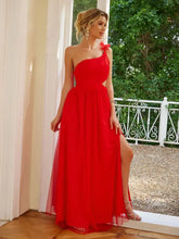 Red single shoulder maxi dress with cutout slit and floral chiffon