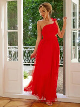 Red single shoulder maxi dress with cutout slit and flowing chiffon skirt