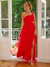 Red single shoulder maxi dress with cutout slit