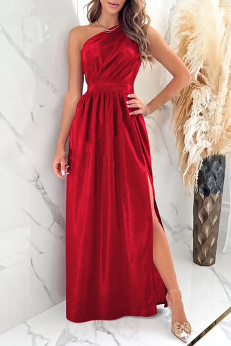 Red One Shoulder Maxi Evening Gown with Thigh High Slit Red