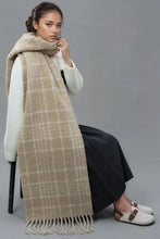 Beige and brown plaid thermal scarf with fringe edges for women
