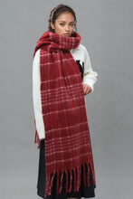 Red plaid thermal scarf with fringe for women, wool blend