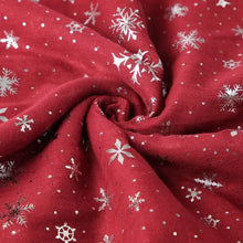Red polyester scarf with silver snowflakes and polka dot pattern
