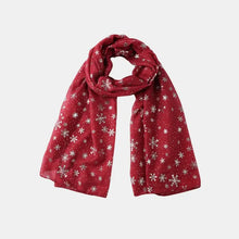 Red polyester scarf with silver snowflakes and polka dot pattern