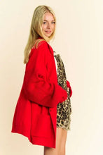 Red relaxed fit coat with dropped shoulder design and leopard print lining