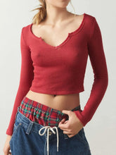 Red Ribbed Long Sleeve Crop Top for Women Burgundy