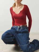 Red Ribbed Long Sleeve Crop Top for Women