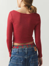 Red Ribbed Long Sleeve Crop Top for Women