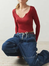 Red Ribbed Long Sleeve Crop Top for Women Woman T Shirts