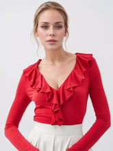 Red Ruffled V Neck Long Sleeve Top for Women Scarlet