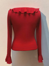 Red Ruffled V Neck Long Sleeve Top for Women