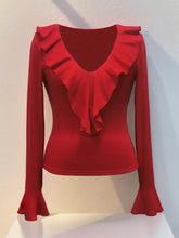 Red Ruffled V Neck Long Sleeve Top for Women