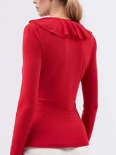 Red Ruffled V Neck Long Sleeve Top for Women Woman T Shirts