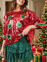 Red Sequin Christmas Top with Green Accents Burgundy