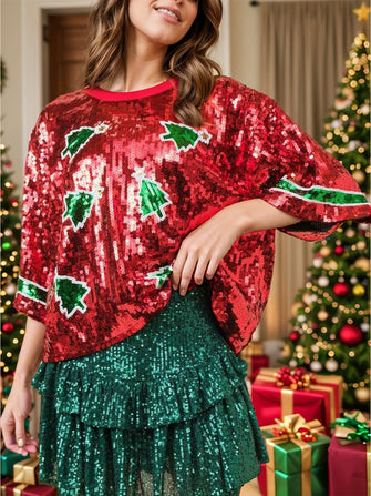 Red Sequin Christmas Top with Green Accents Burgundy