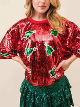 Red Sequin Christmas Top with Green Accents