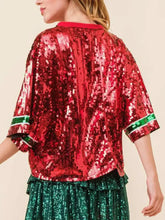 Red Sequin Christmas Top with Green Accents Woman T Shirts