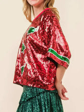 Red Sequin Christmas Top with Green Accents Woman T Shirts