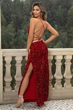 Red Sequin Spaghetti Strap Evening Gown with High Slit