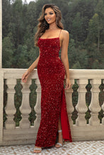 Red Sequin Spaghetti Strap Evening Gown with High Slit