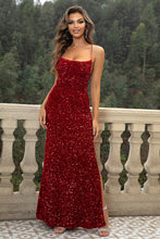 Red Sequin Spaghetti Strap Evening Gown with High Slit Wine