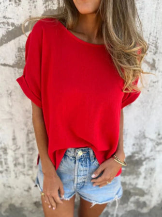 Red Short Sleeve Polyester Blouse for Women Red