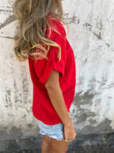 Red Short Sleeve Polyester Blouse for Women