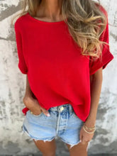 Red Short Sleeve Polyester Blouse for Women Woman T Shirts