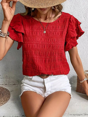 Red Smocked Flutter Sleeve Blouse for Women Rust