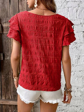 Red Smocked Flutter Sleeve Blouse for Women