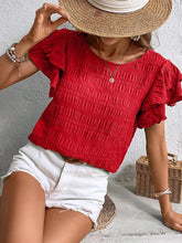 Red Smocked Flutter Sleeve Blouse for Women