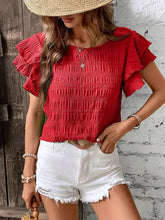 Red Smocked Flutter Sleeve Blouse for Women Woman T Shirts