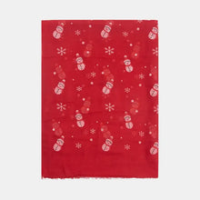 Red snowman polyester scarf with white snowflake print on fabric