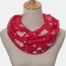 Red snowman polyester scarf with snowflake print and fringe