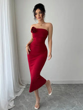 Red Strapless Midi Dress with Flower Accent Evening Dresses