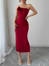 Red Strapless Midi Dress with Flower Accent