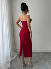Red Strapless Midi Dress with Flower Accent