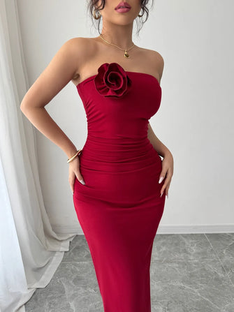 Red Strapless Midi Dress with Flower Accent Scarlet