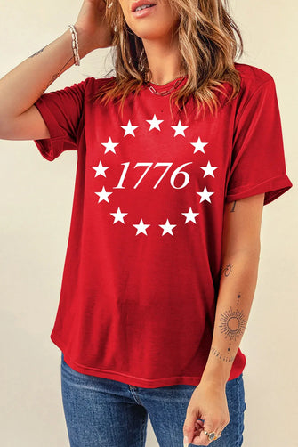 Red T Shirt with 1776 and Stars Rolled Sleeves Womens Basic Style Deep Red