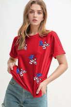 Red T Shirt with Balloon Puppy Graphic and Sequin Stars for Women