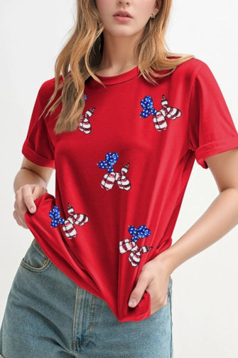 Red T Shirt with Balloon Puppy Graphic and Sequin Stars for Women Deep Red