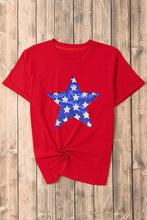 Red T-Shirt with Blue and White Star Sequin Design for Women