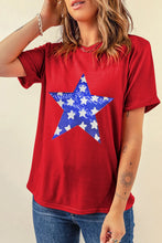 Red T-Shirt with Blue and White Star Sequin Design for Women