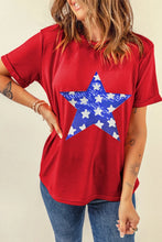 Red T-Shirt with Blue and White Star Sequin Design for Women