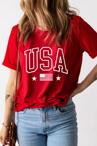 Red USA Graphic T-Shirt with American Flag for Women Red