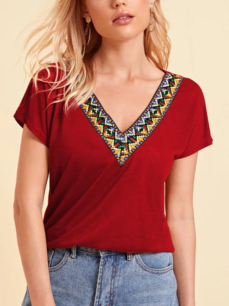 Red V Neck Short Sleeve Top with Colorful Embroidered Trim Deep Red